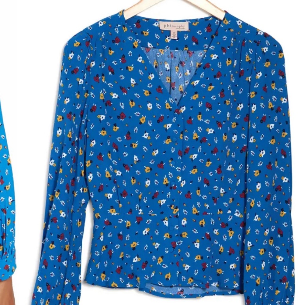 ❌Philosophy Republic Clothing Womens Long Sleeve V-neck Blouse Blue Floral S/P